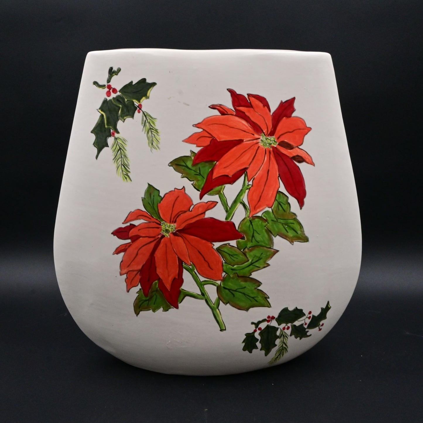 Large Ceramic Vase With Poinsettia & Holly Design By Jomo