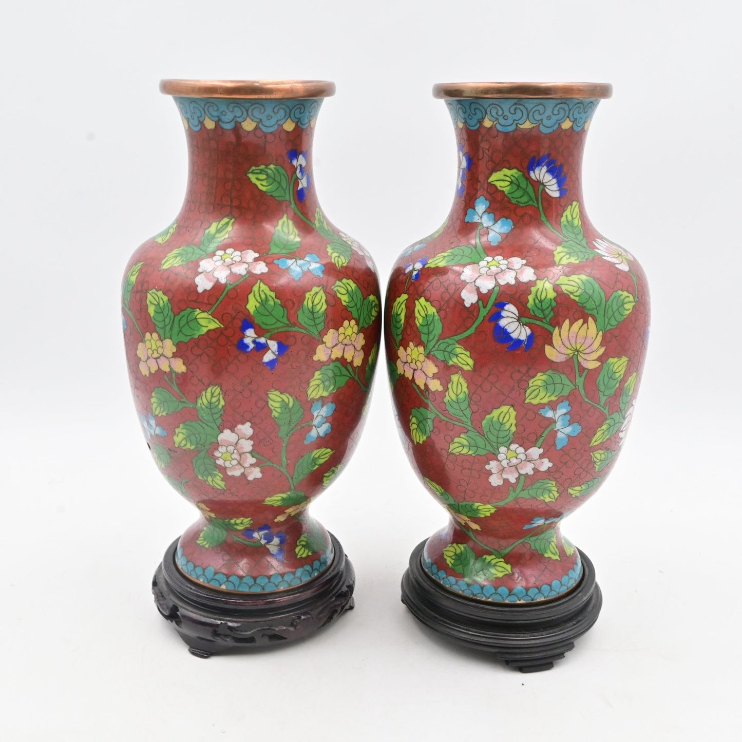 Vintage Chinese Cloisonne Red Vases With Floral Design & Wooden Stands Bundle