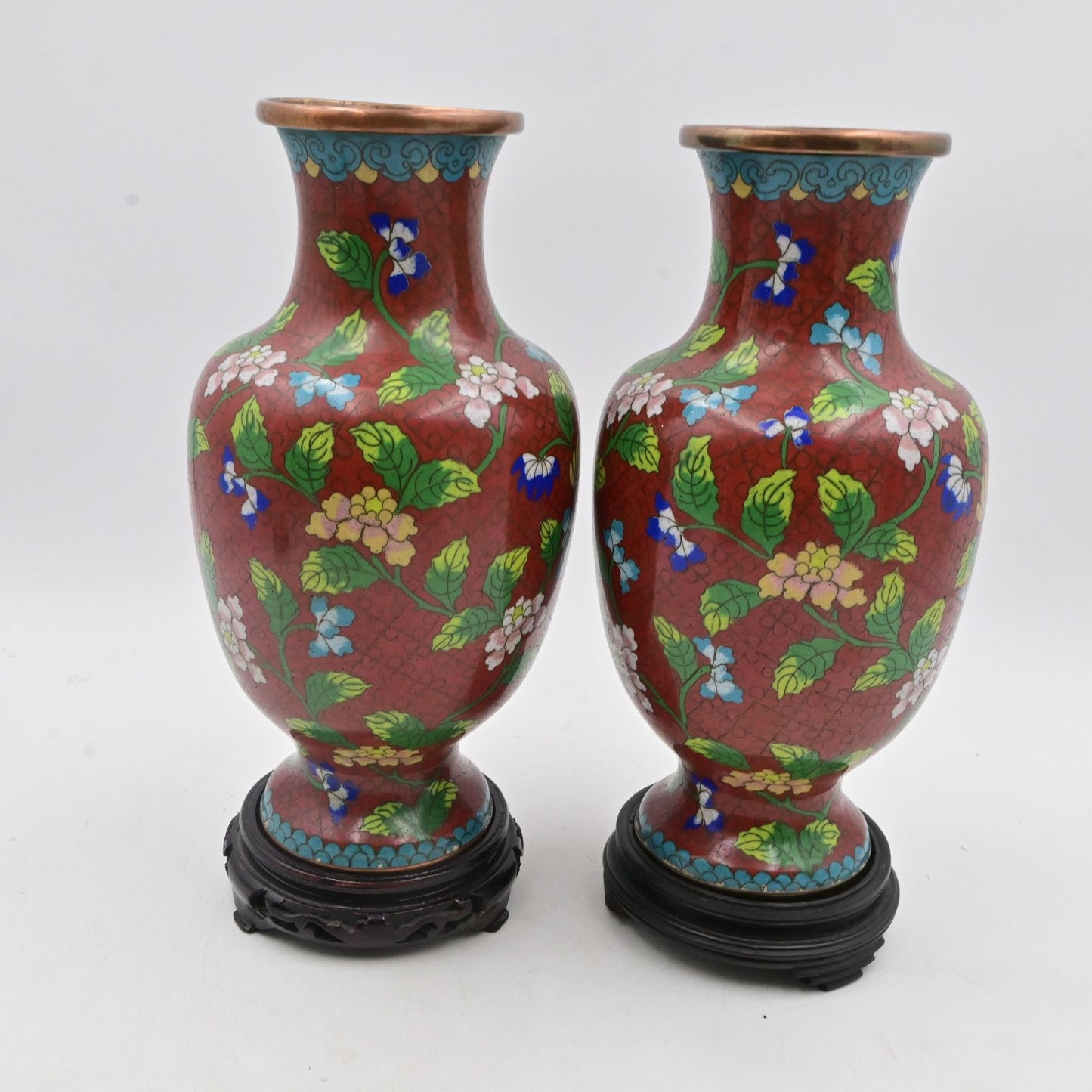 Vintage Chinese Cloisonne Red Vases With Floral Design & Wooden Stands Bundle