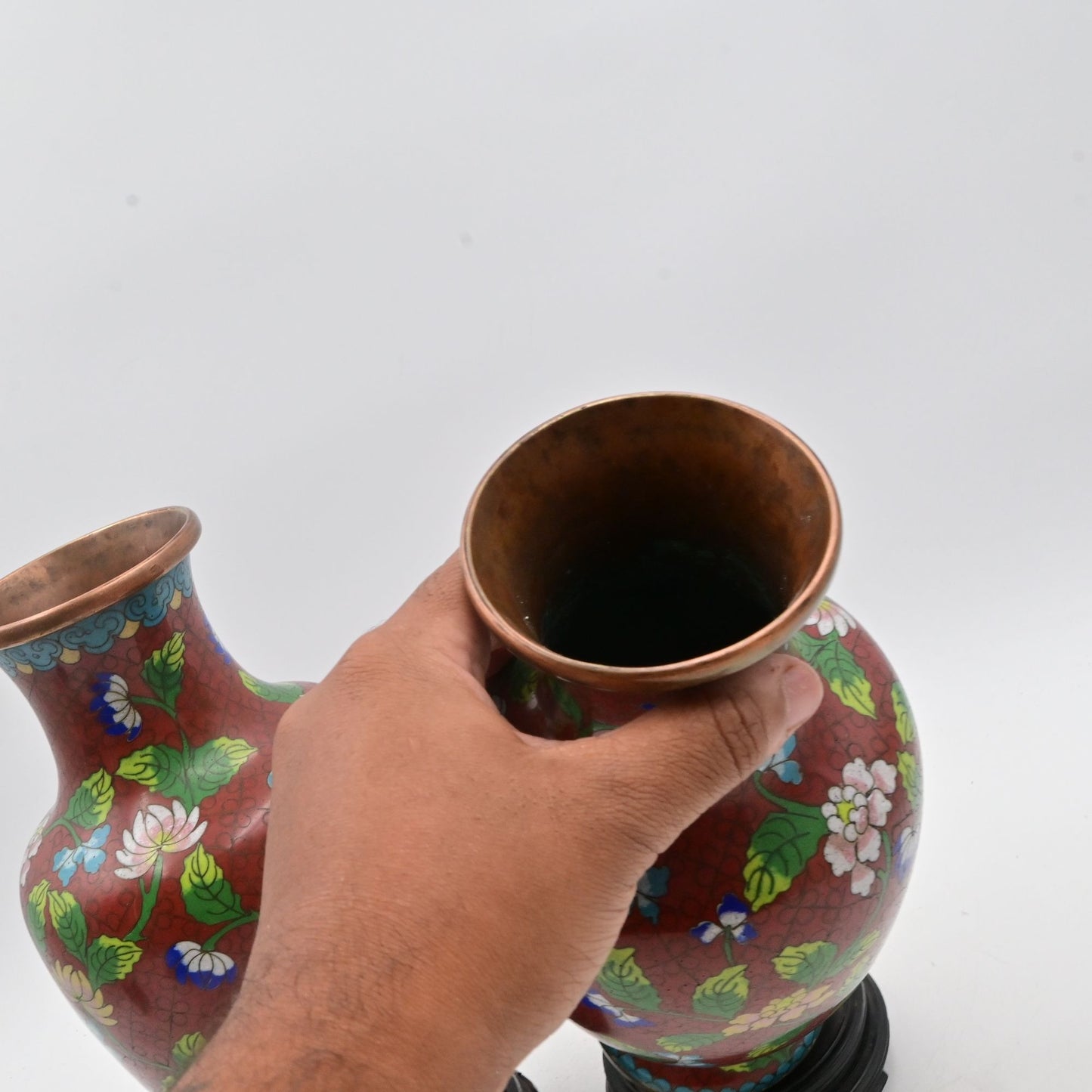 Vintage Chinese Cloisonne Red Vases With Floral Design & Wooden Stands Bundle