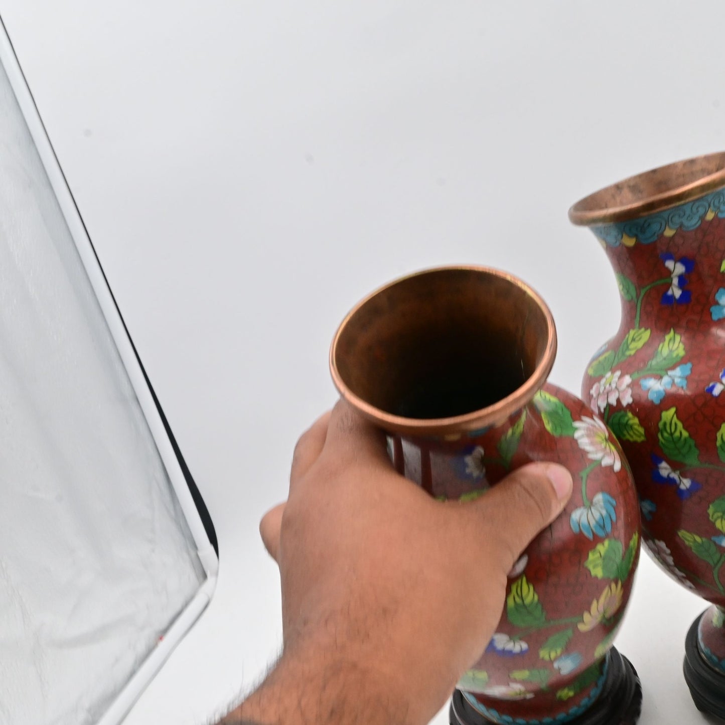 Vintage Chinese Cloisonne Red Vases With Floral Design & Wooden Stands Bundle