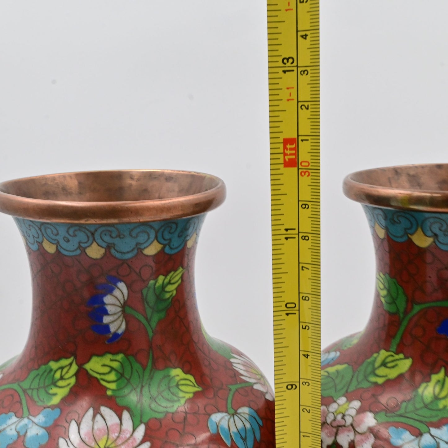 Vintage Chinese Cloisonne Red Vases With Floral Design & Wooden Stands Bundle