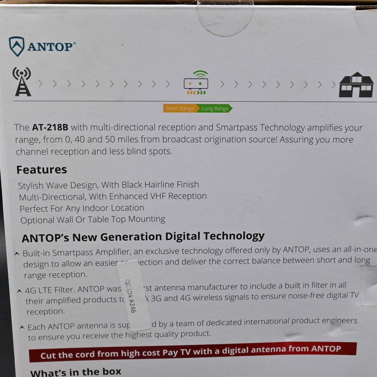Antop Wave AT-218B Smartpass Amplified Indoor TV Antenna Sealed
