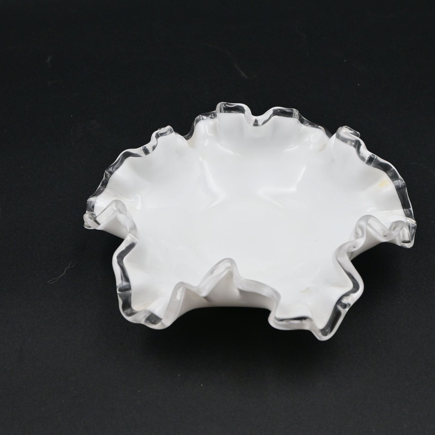 Vintage Fenton White Milk Glass Ruffled Edge Ashtray With Clear Trim