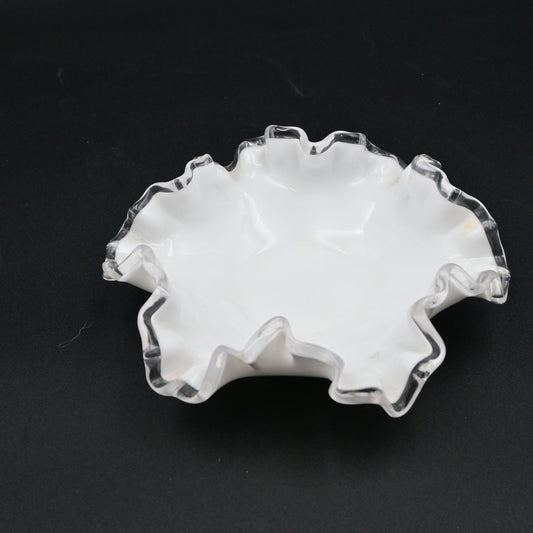 Vintage Fenton White Milk Glass Ruffled Edge Ashtray With Clear Trim