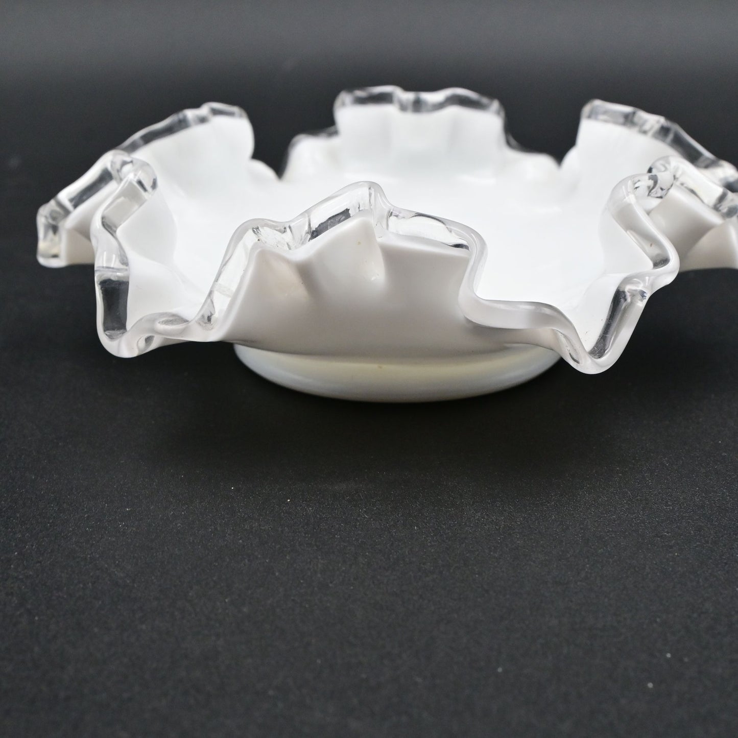 Vintage Fenton White Milk Glass Ruffled Edge Ashtray With Clear Trim