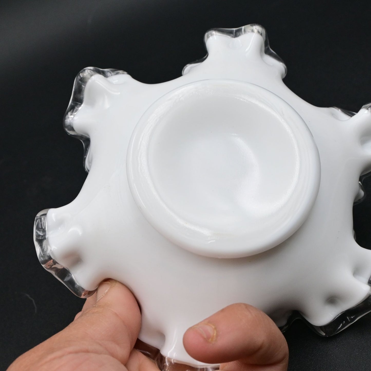 Vintage Fenton White Milk Glass Ruffled Edge Ashtray With Clear Trim
