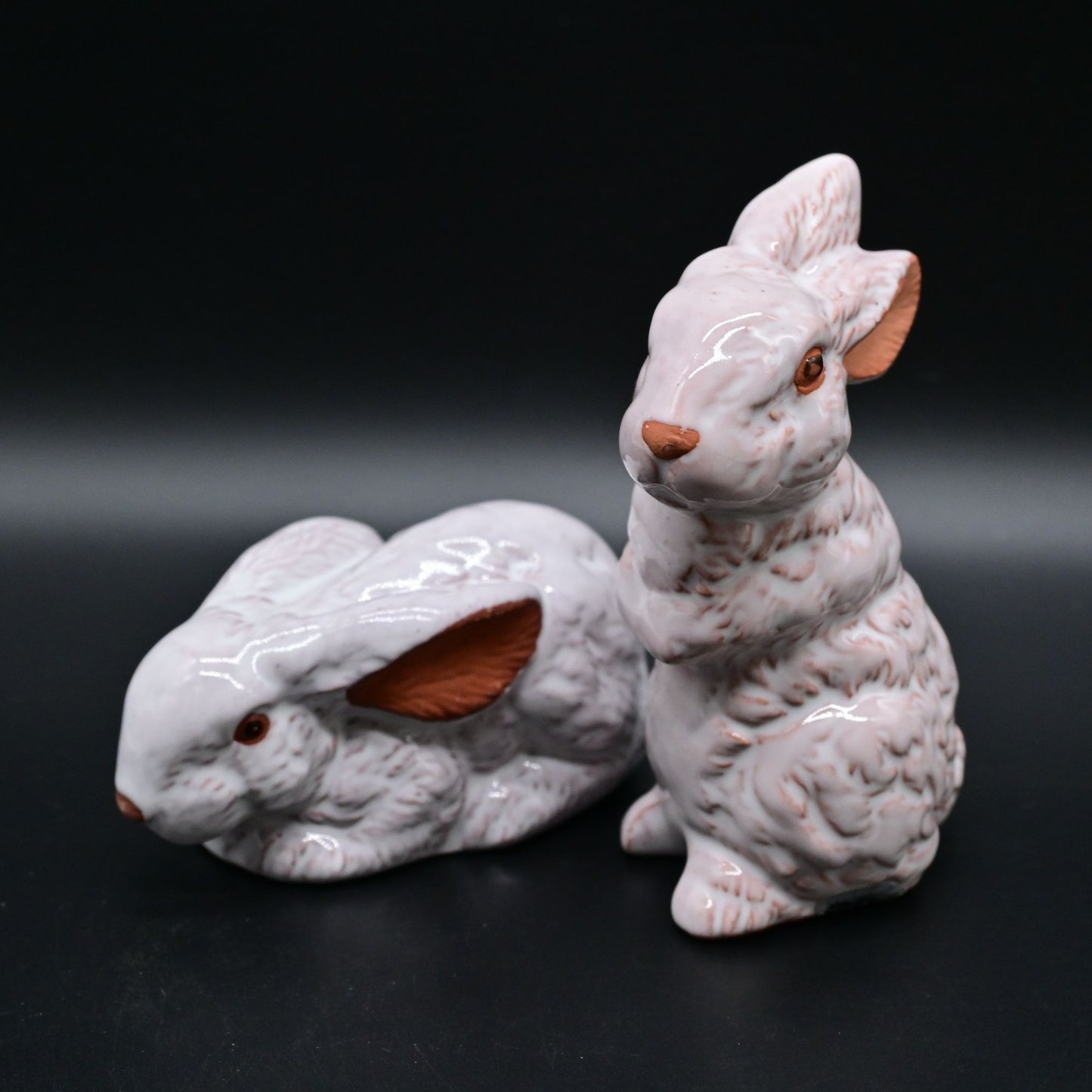 Red Clay Glazed Clay Bunny Rabbit Figurine Marked WIC Pair
