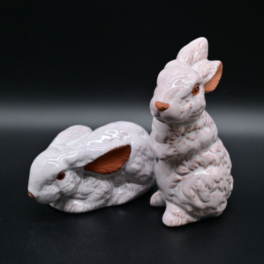 Red Clay Glazed Clay Bunny Rabbit Figurine Marked WIC Pair