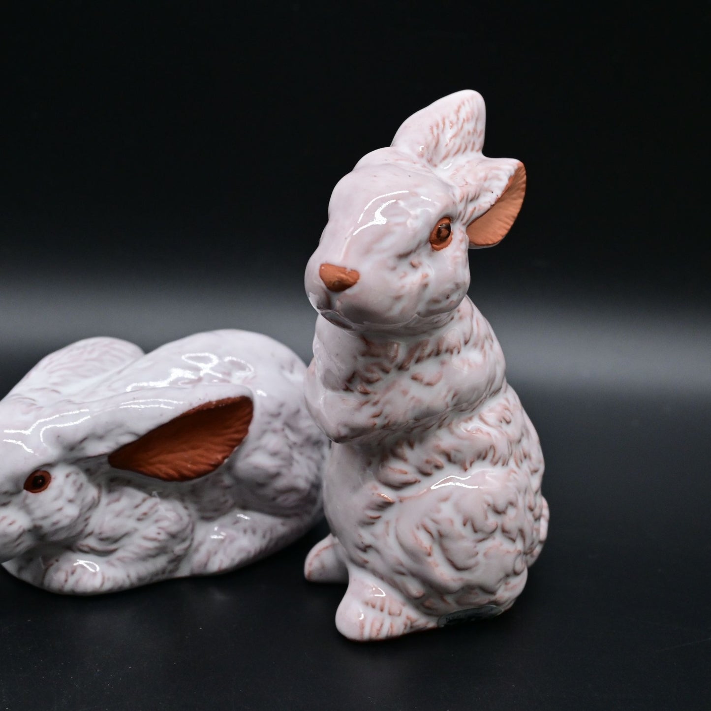 Red Clay Glazed Clay Bunny Rabbit Figurine Marked WIC Pair