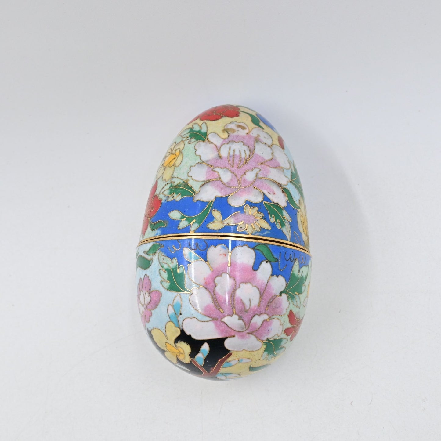Cloisonne Brass Enameled Egg Shaped Trinket Box Vintage