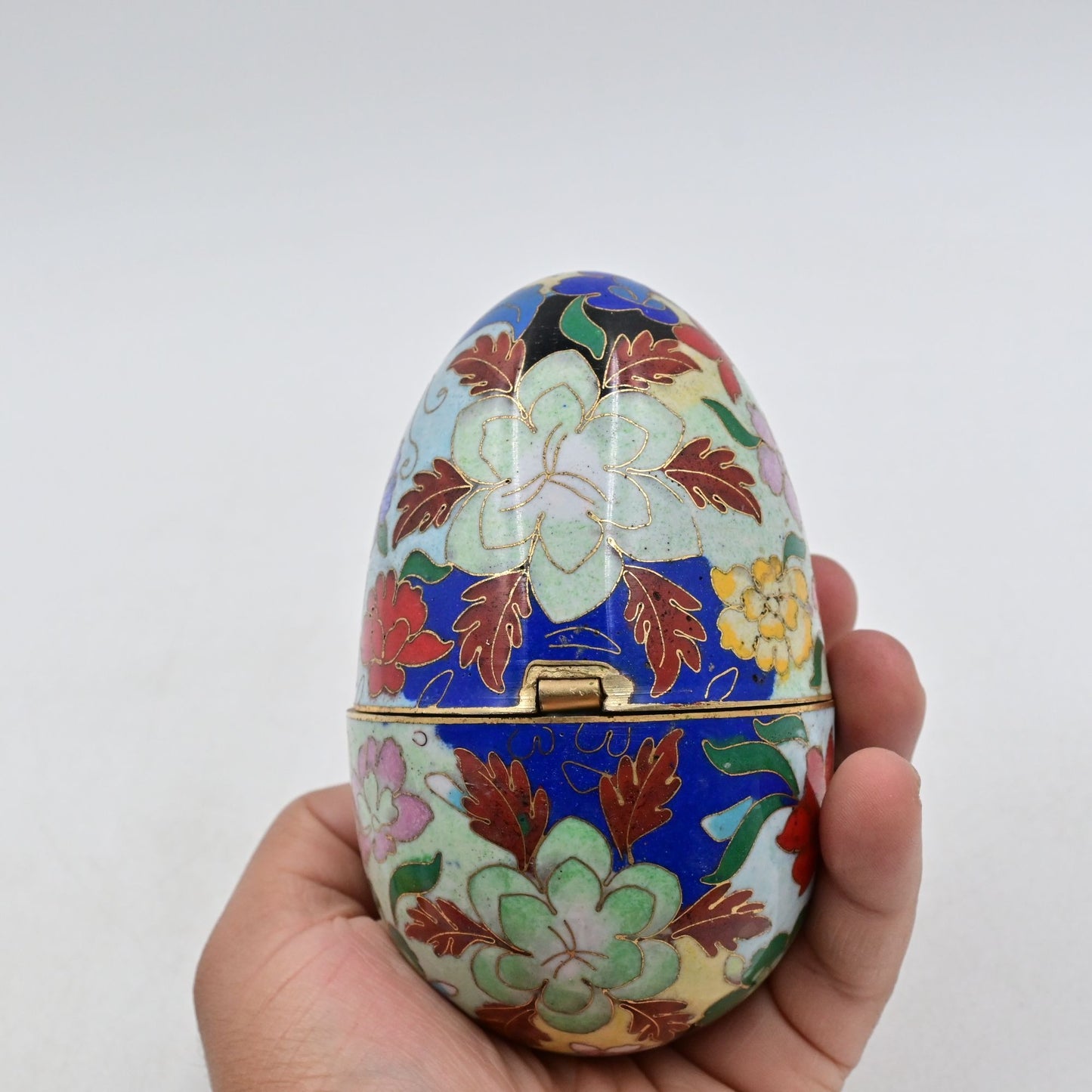 Cloisonne Brass Enameled Egg Shaped Trinket Box Vintage