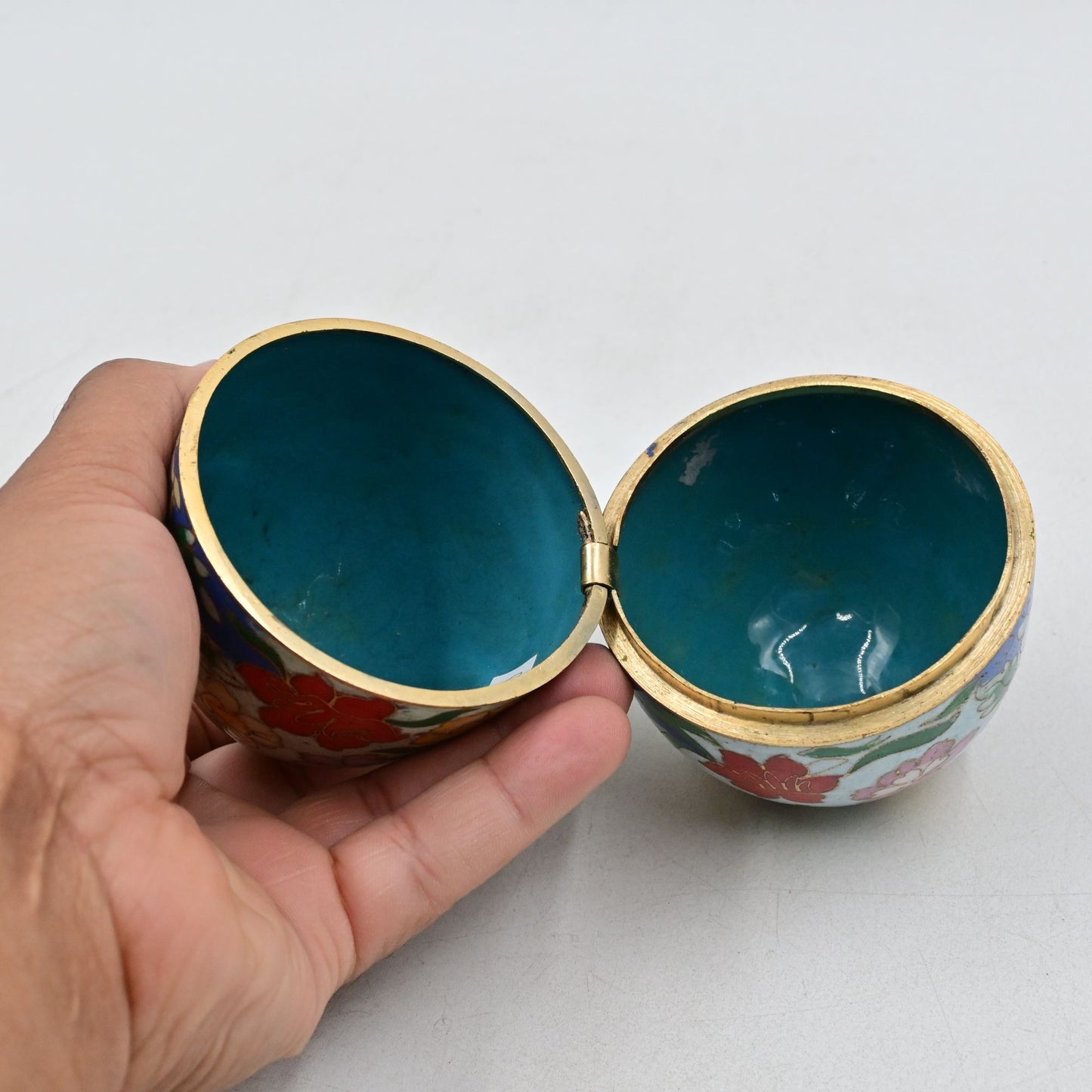 Cloisonne Brass Enameled Egg Shaped Trinket Box Vintage