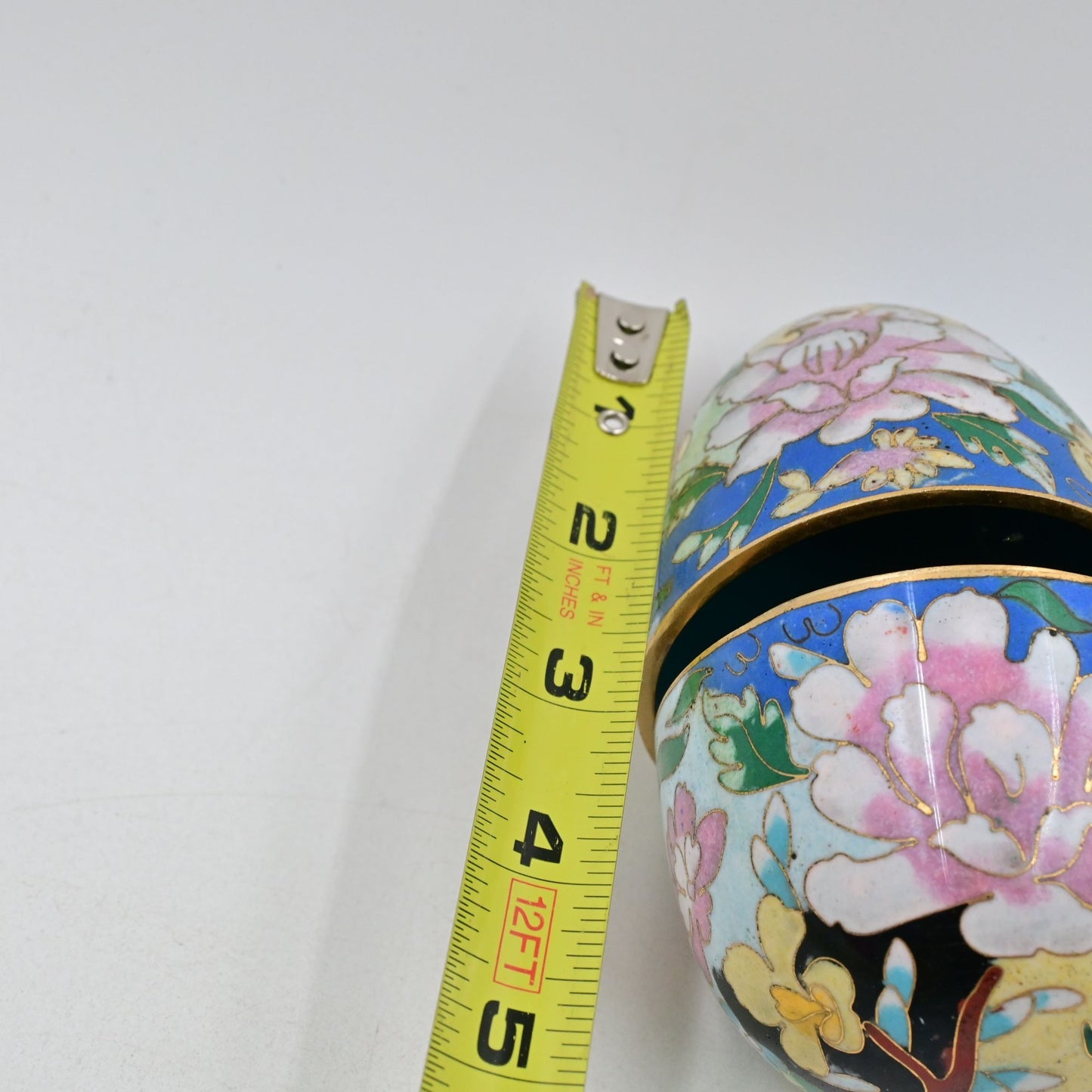 Cloisonne Brass Enameled Egg Shaped Trinket Box Vintage