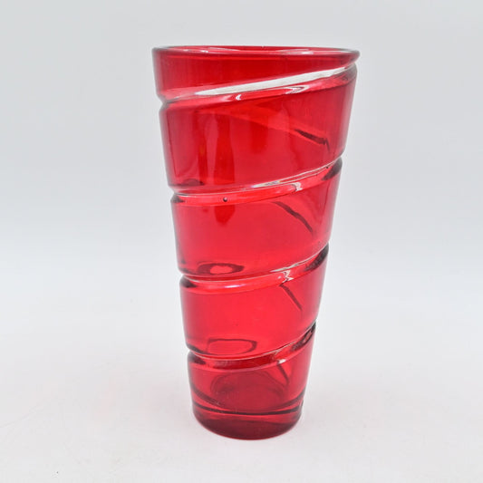 Ruby Red Clear Swirl Vase Heavy Thick Glass 9"