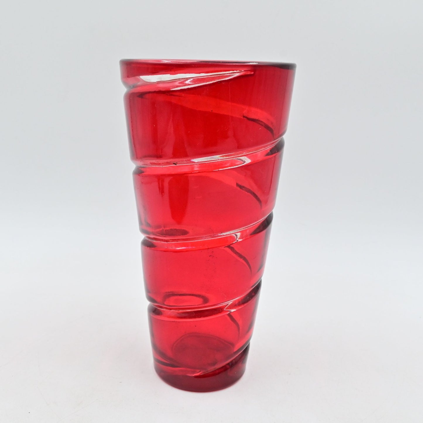 Ruby Red Clear Swirl Vase Heavy Thick Glass 9"