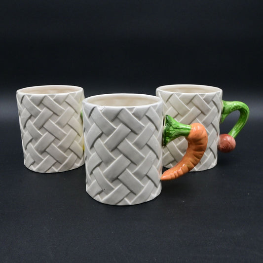 Vintage Fitz & Floyd Basketweave Mug Carrot, Squash, Radish Bundle Of 3