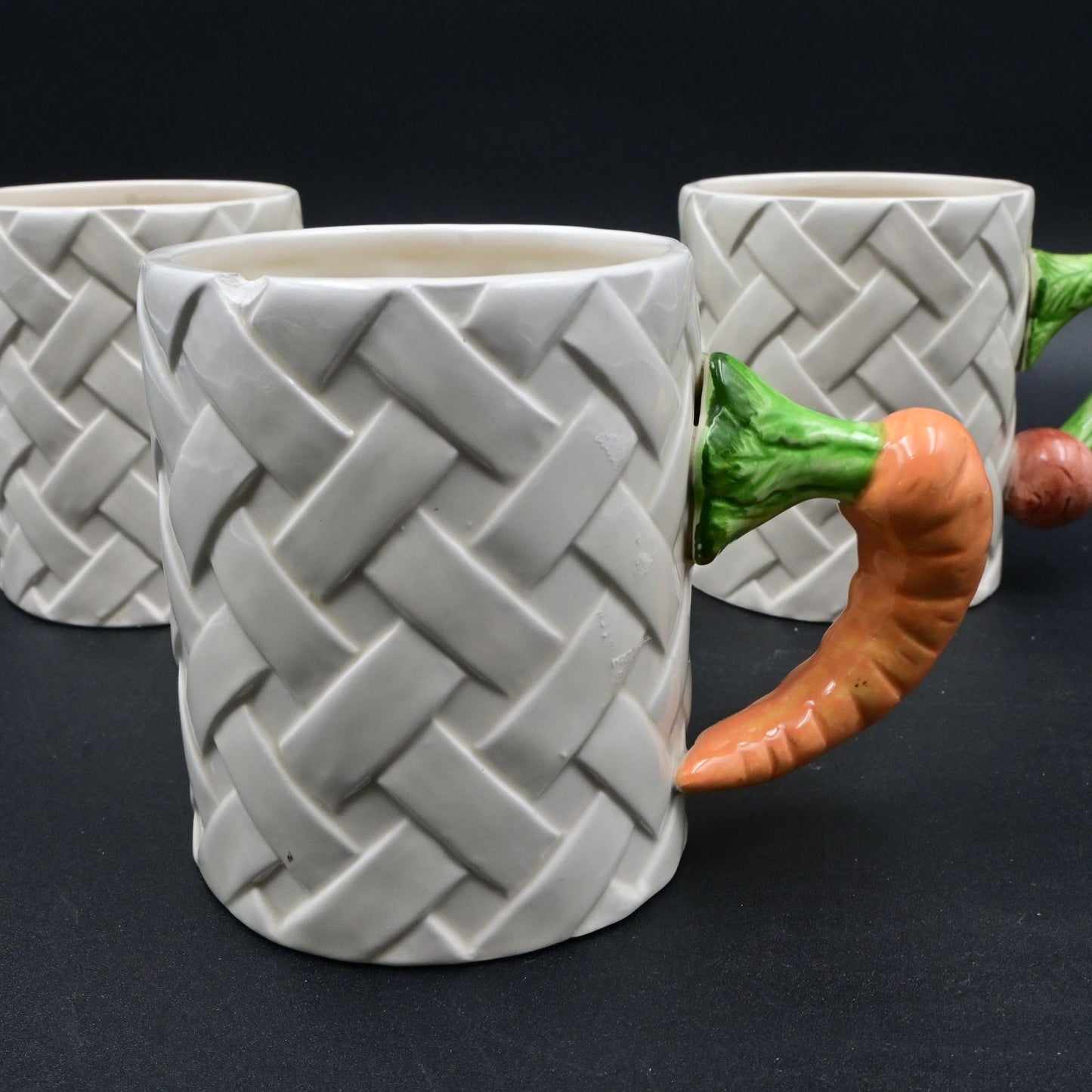 Vintage Fitz & Floyd Basketweave Mug Carrot, Squash, Radish Bundle Of 3