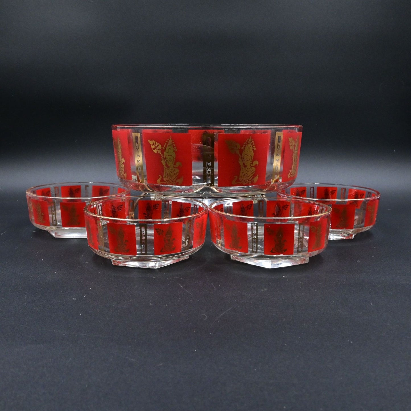 Jeannette Glass Thai Goddess Red and Gold Serving Bowl Set Of 5
