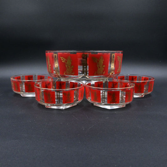 Jeannette Glass Thai Goddess Red and Gold Serving Bowl Set Of 5