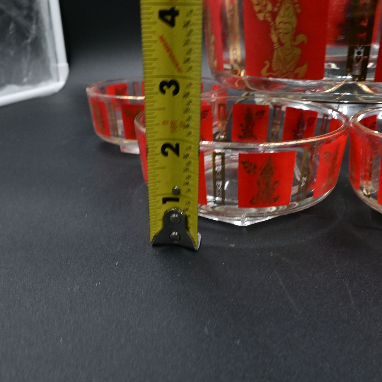 Jeannette Glass Thai Goddess Red and Gold Serving Bowl Set Of 5