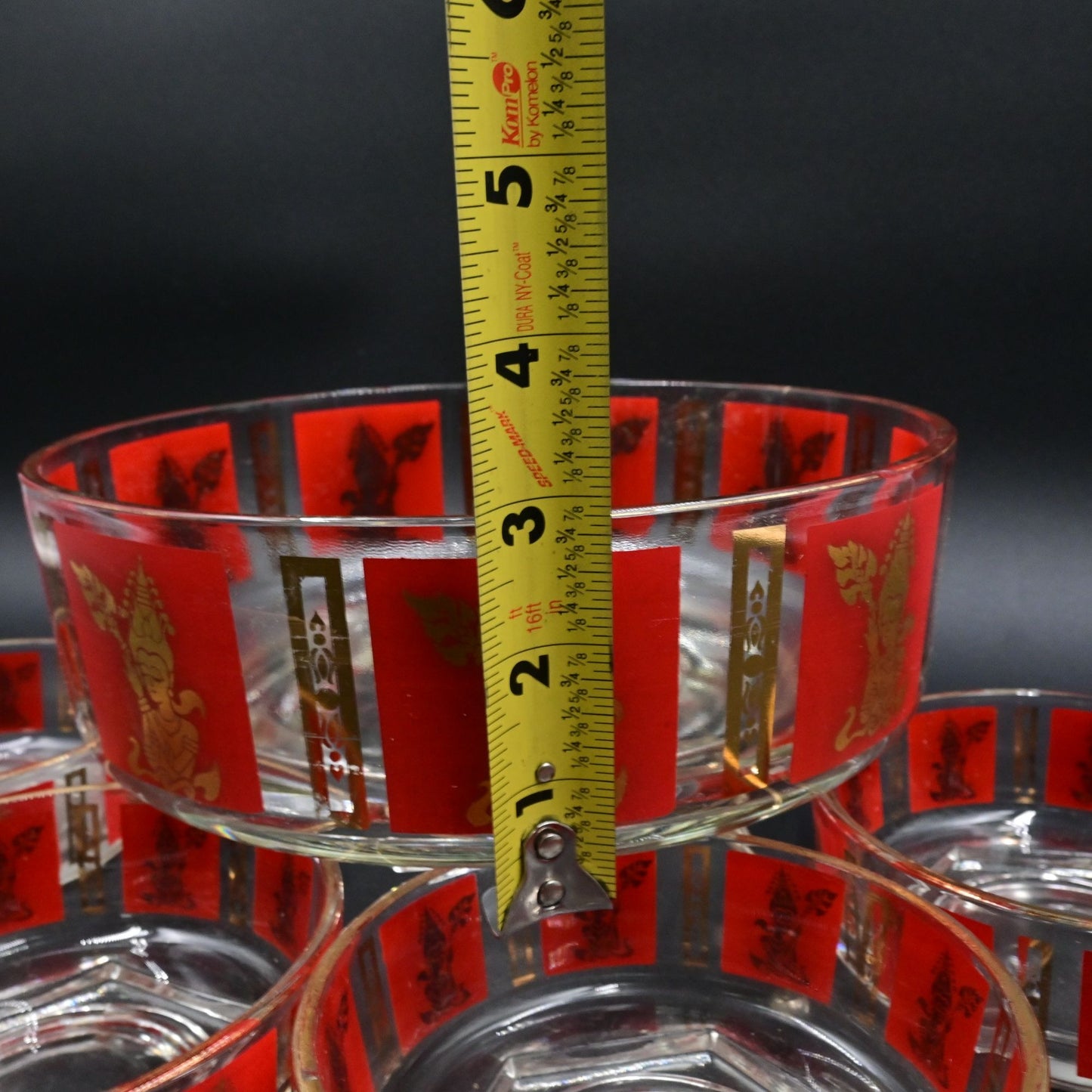 Jeannette Glass Thai Goddess Red and Gold Serving Bowl Set Of 5