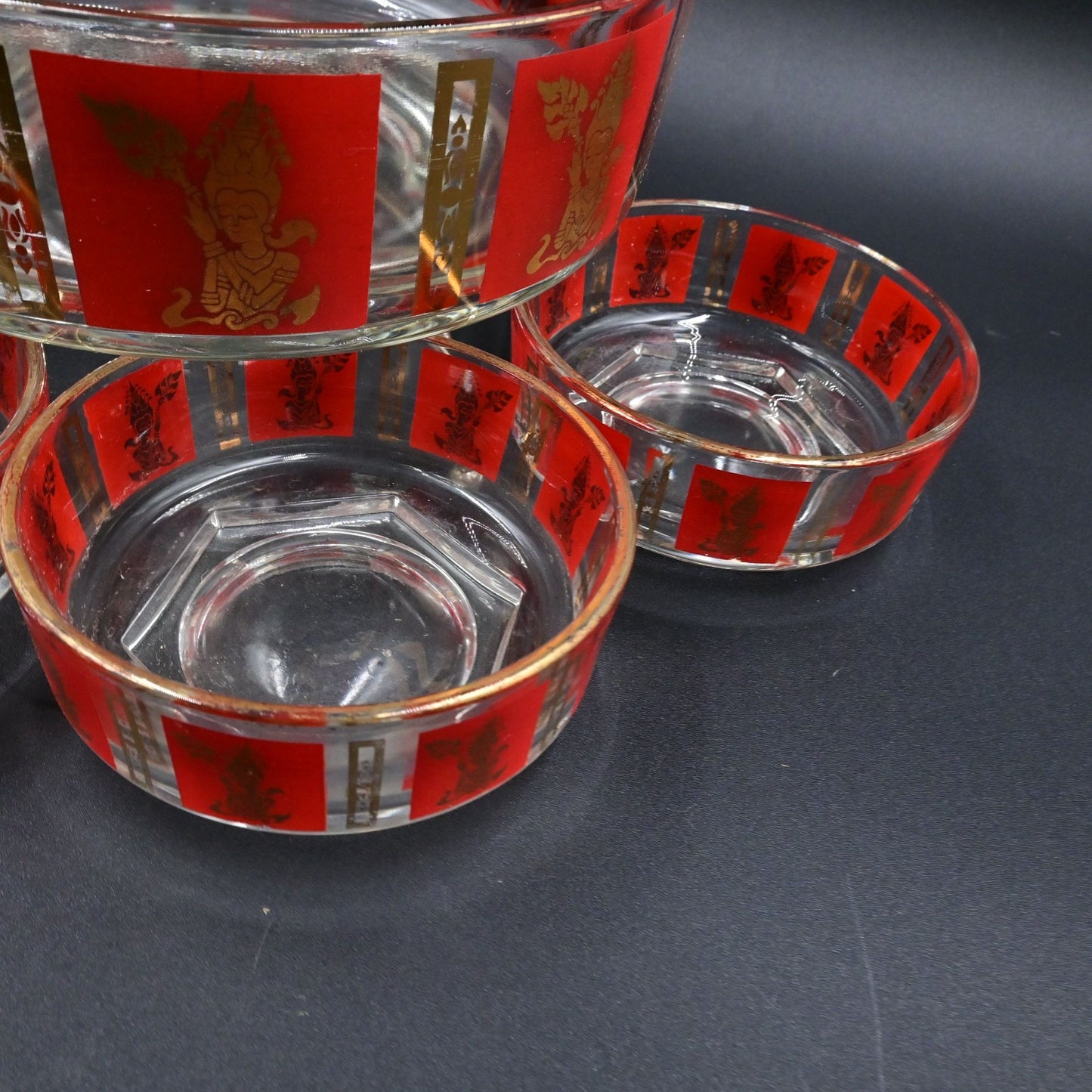 Jeannette Glass Thai Goddess Red and Gold Serving Bowl Set Of 5