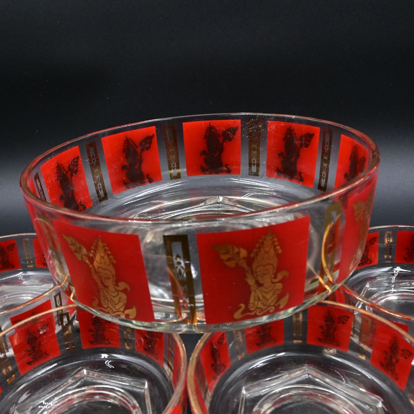 Jeannette Glass Thai Goddess Red and Gold Serving Bowl Set Of 5