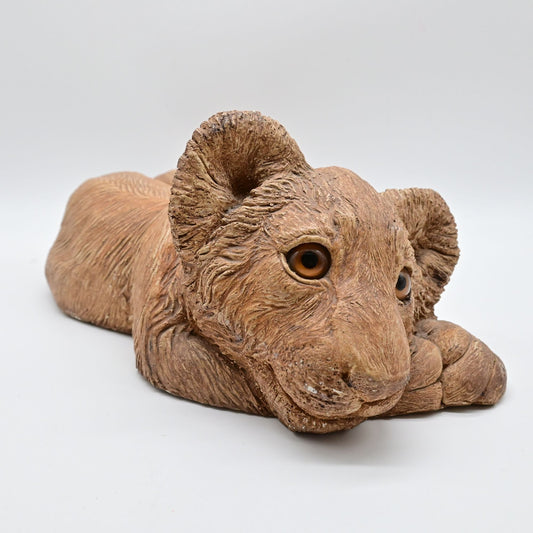Resting Lion Cub With Glass Eyes Sandart Statue Figure Vintage 1980 Animal Decor