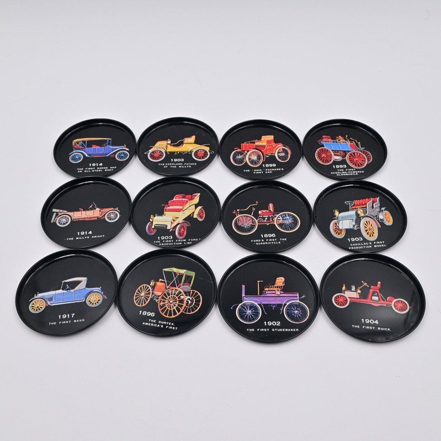 Vintage Drink Coasters w/ Antique Model Cars Round 3” Black Metal