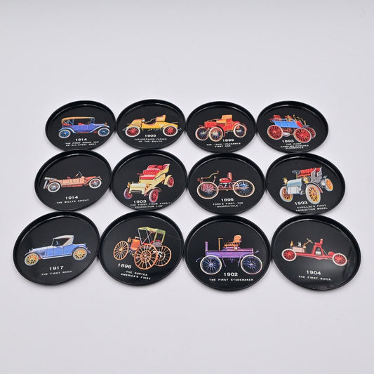 Vintage Drink Coasters w/ Antique Model Cars Round 3” Black Metal