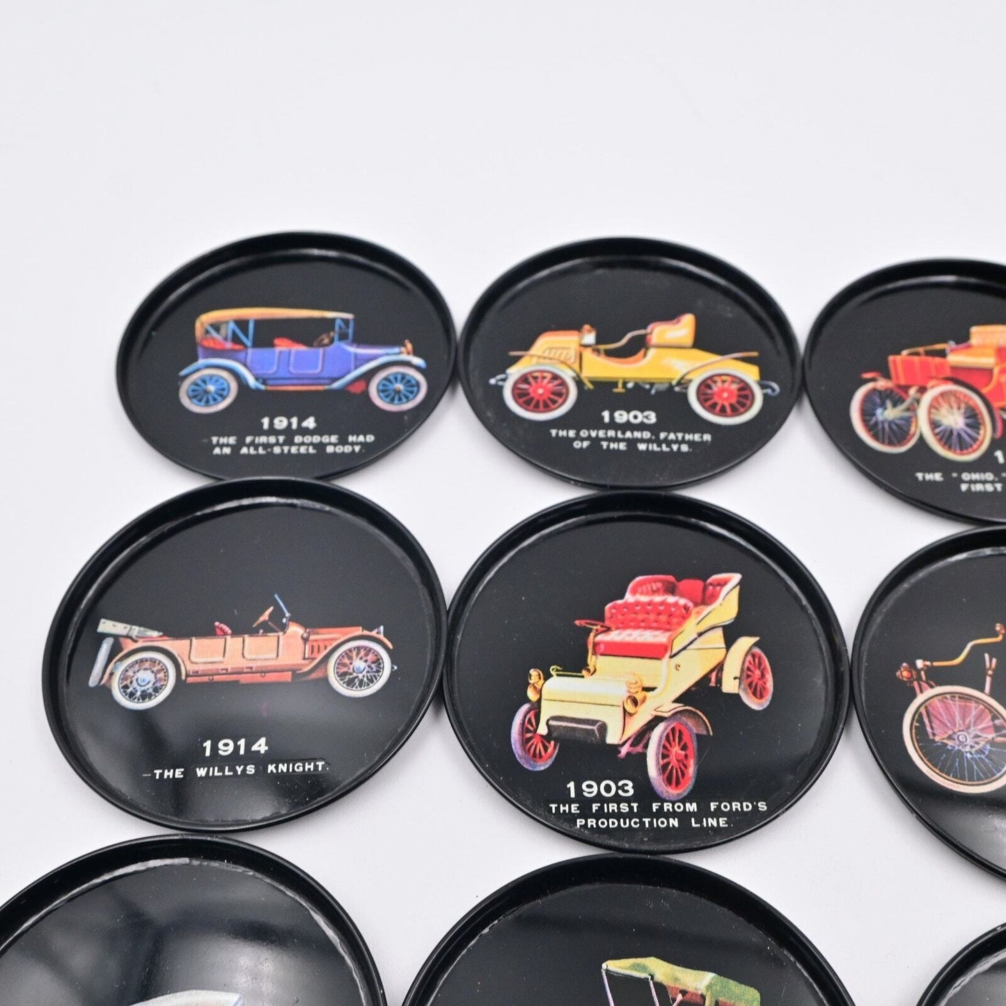 Vintage Drink Coasters w/ Antique Model Cars Round 3” Black Metal