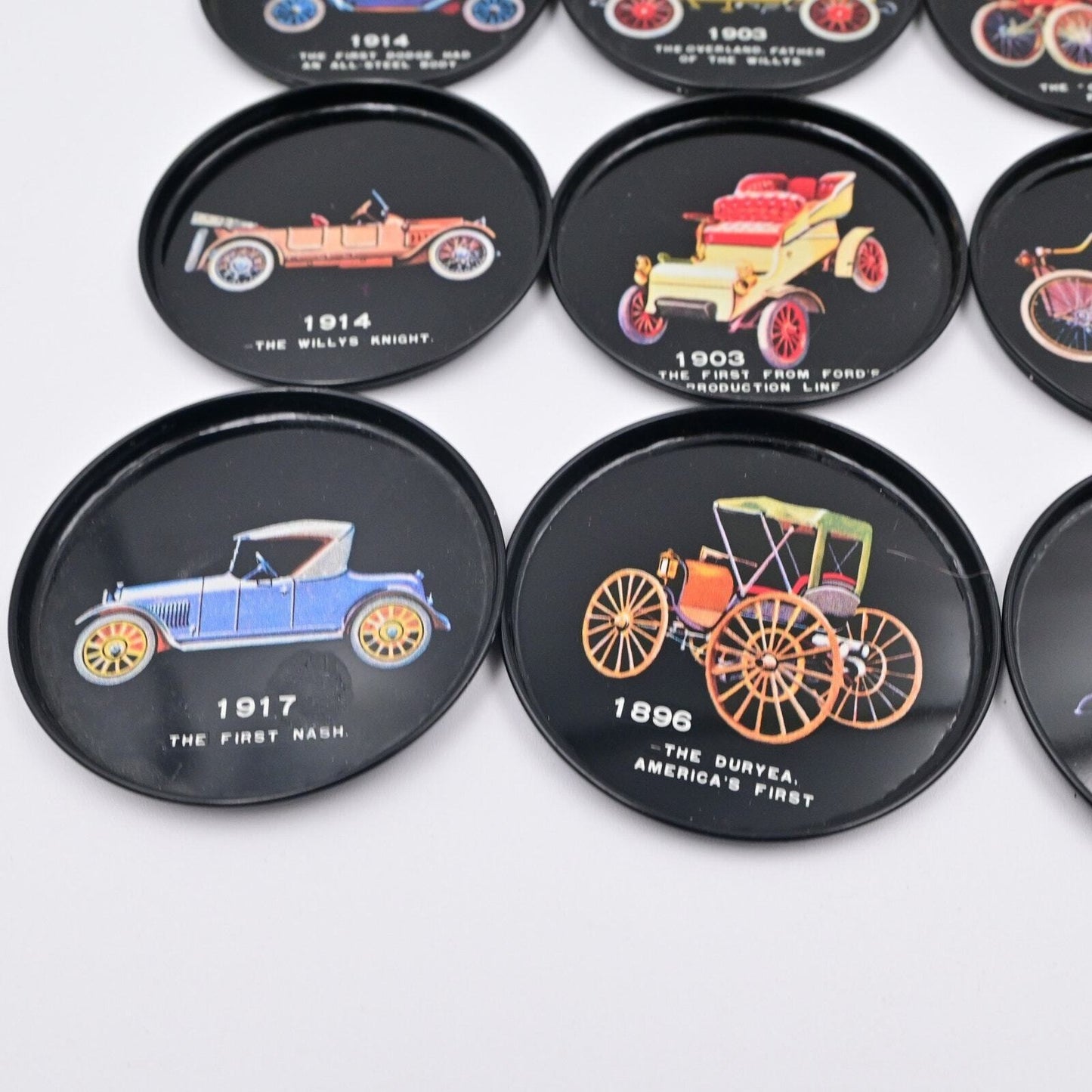 Vintage Drink Coasters w/ Antique Model Cars Round 3” Black Metal
