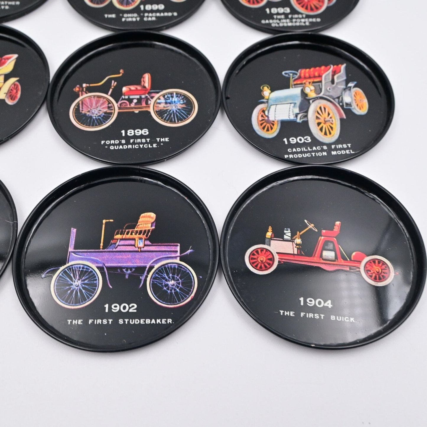 Vintage Drink Coasters w/ Antique Model Cars Round 3” Black Metal