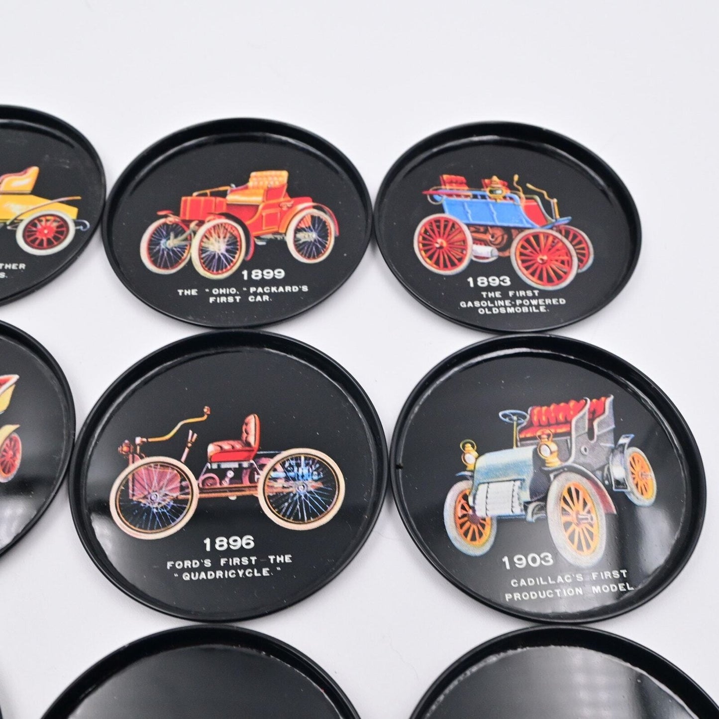 Vintage Drink Coasters w/ Antique Model Cars Round 3” Black Metal