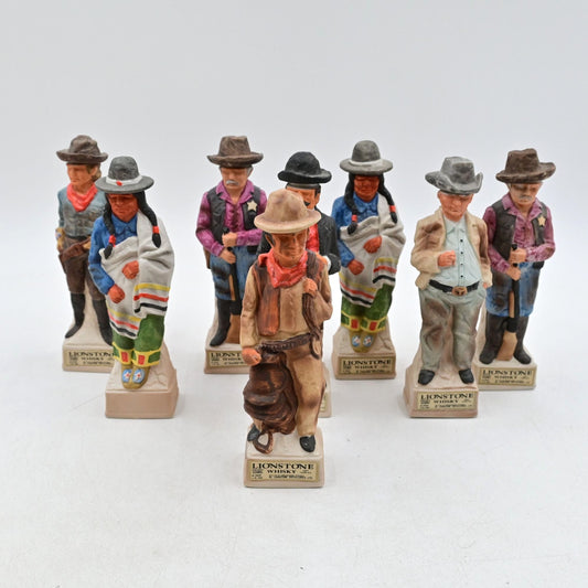 Lionstone Whisky Empty Decanter Bundle Of 8 Proud Indian, Sheriff, Cowboy, Etc