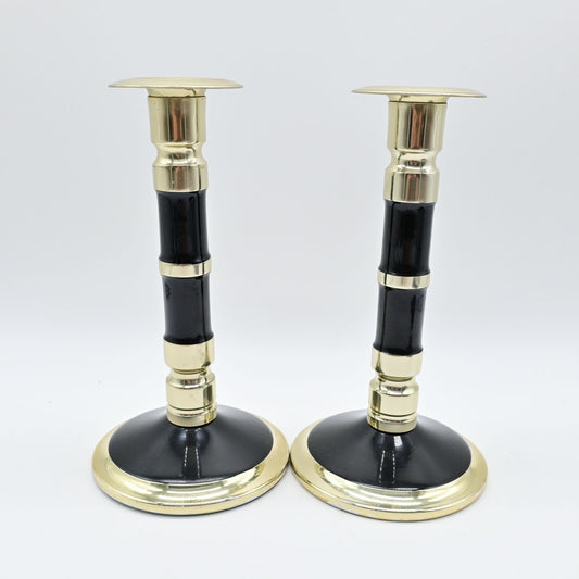 Vintage Silver and Black Enamel Candlestick Holders