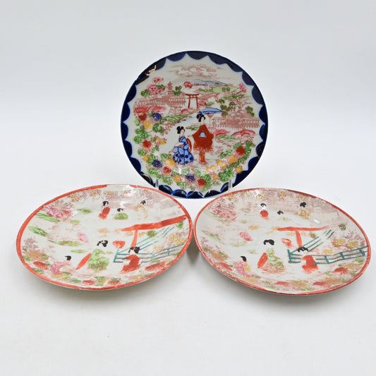 Geisha Girl Kutani ware Hand Painted Vintage Plate Japan Bundle Of 3