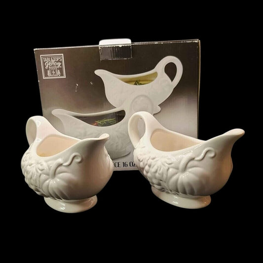 Tabletops Gallery Gravy Boats Set of 2 Harvest 16 Oz White Earthenware Embossed