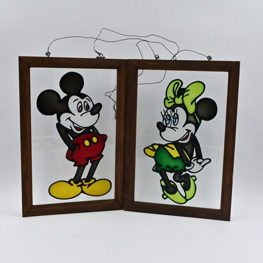 Disney Mickey Mouse & Minnie Mouse Stained Glass Wall Hanging Vintage 1970s