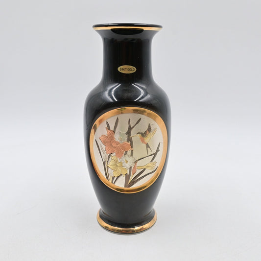 The Art Of Chokin Vase W/ Multi-Colored Hummingbird Engraving - 24K Gold Edged