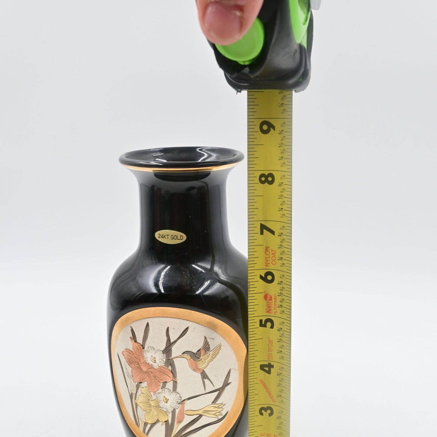 The Art Of Chokin Vase W/ Multi-Colored Hummingbird Engraving - 24K Gold Edged