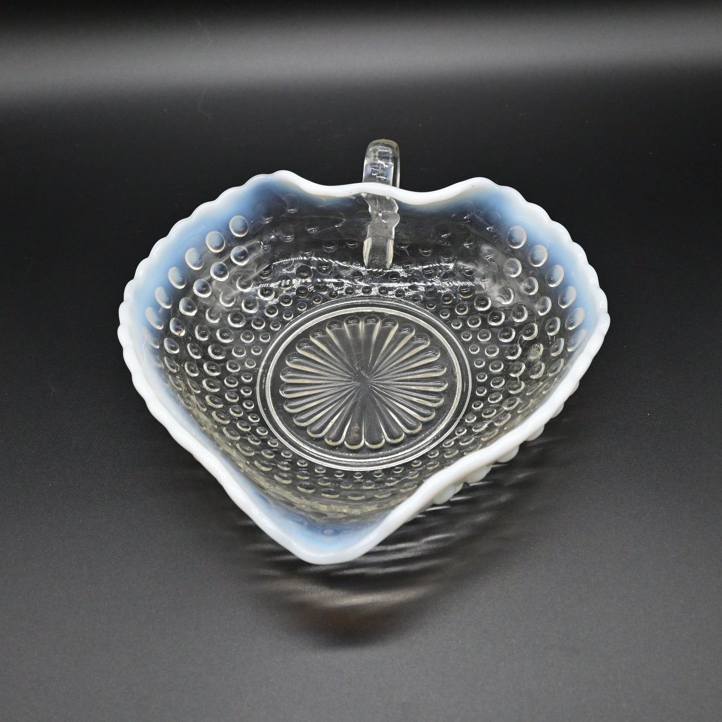 Vintage Anchor Hocking Moonstone Clear Opalescent Hobnail Handled Heart Bowl