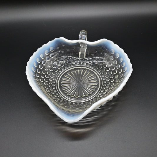 Vintage Anchor Hocking Moonstone Clear Opalescent Hobnail Handled Heart Bowl