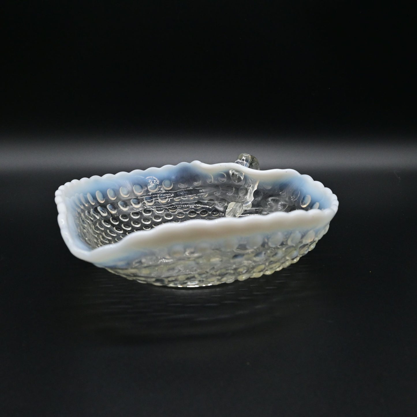 Vintage Anchor Hocking Moonstone Clear Opalescent Hobnail Handled Heart Bowl