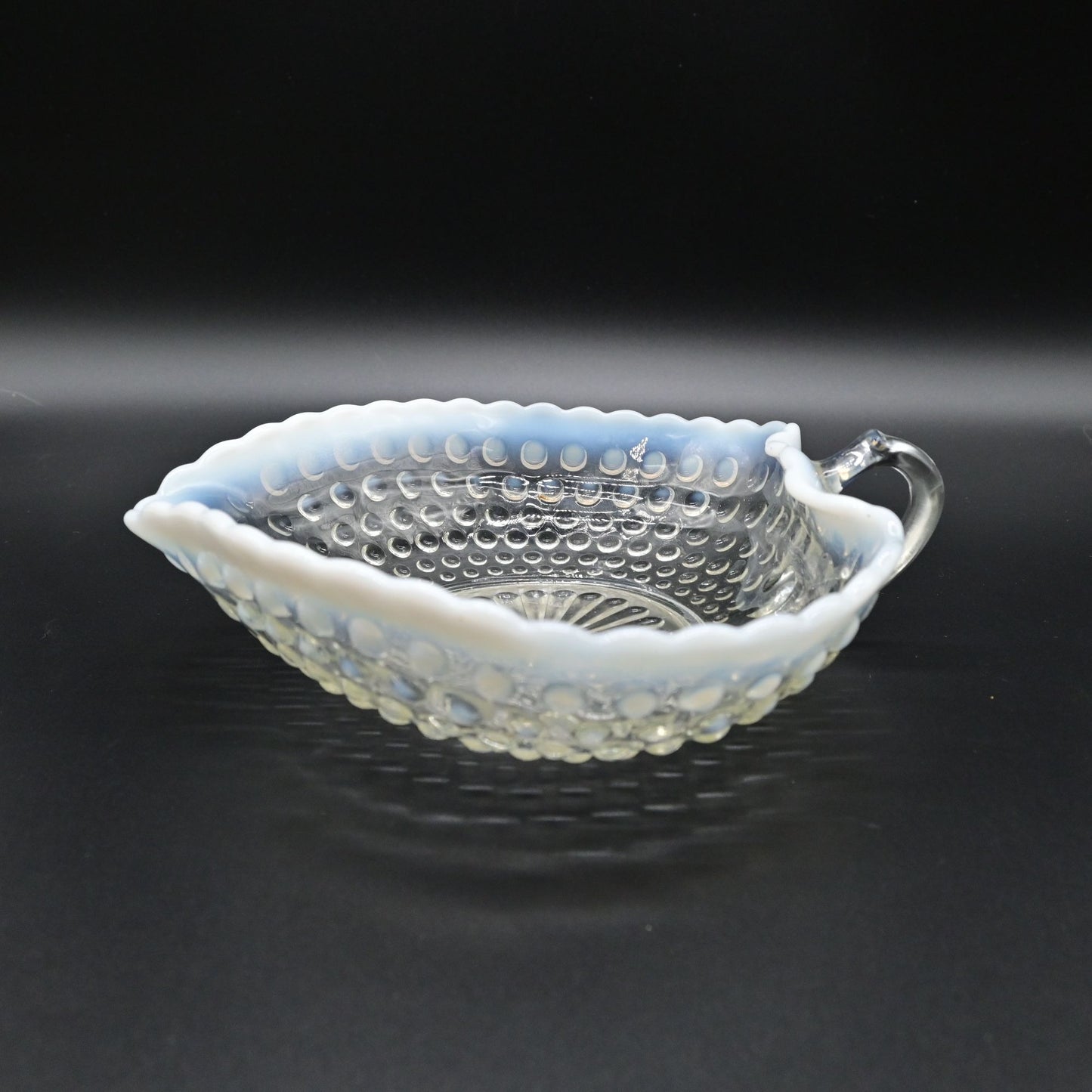 Vintage Anchor Hocking Moonstone Clear Opalescent Hobnail Handled Heart Bowl