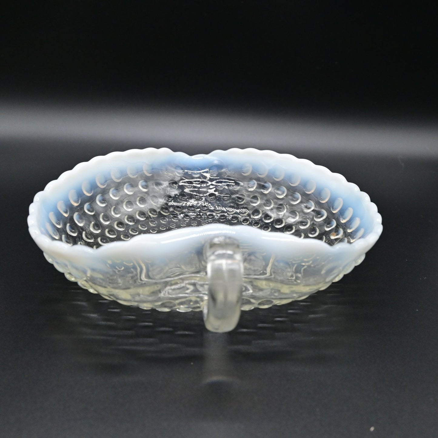Vintage Anchor Hocking Moonstone Clear Opalescent Hobnail Handled Heart Bowl