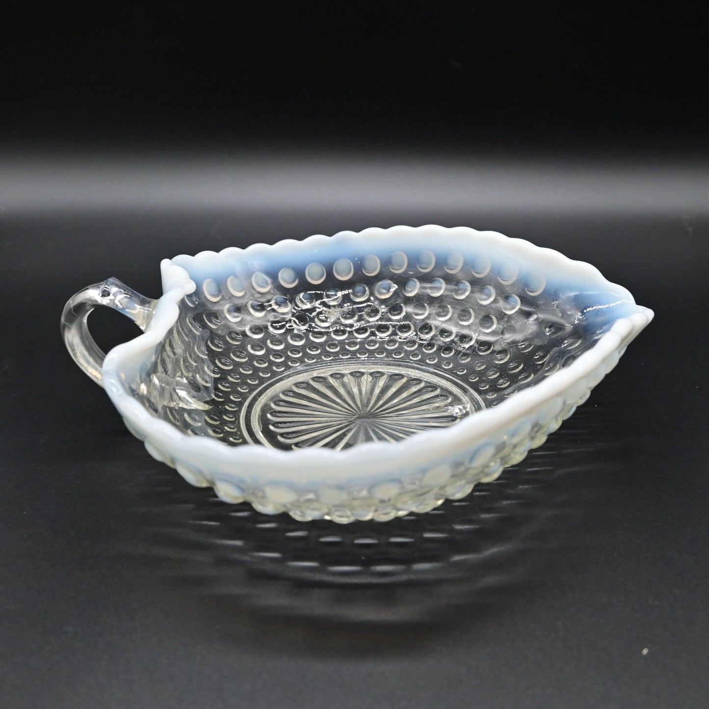 Vintage Anchor Hocking Moonstone Clear Opalescent Hobnail Handled Heart Bowl