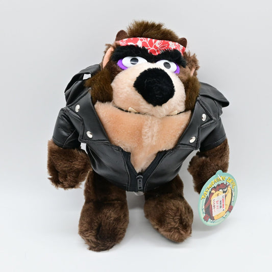 Vintage 1993 Looney Tunes Tasmanian Devil Plush Toy With Black Leather Jacket