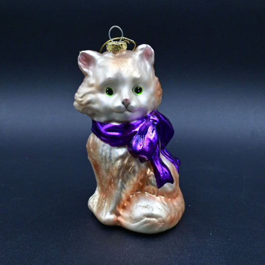 Sitting Cat Glass Christmas Ornament With Purple Bow